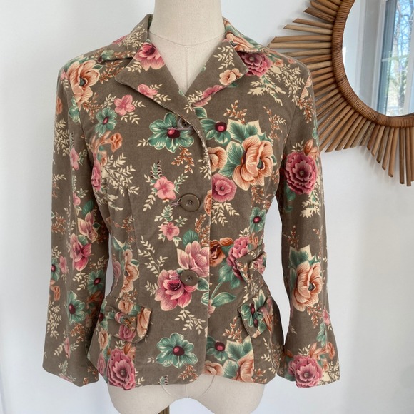 Intuitions Jackets & Blazers - NWT Vintage Y2K Floral Corduroy Blazer Lace Trim Bows Beige 4 XS
